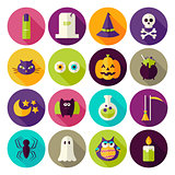 Flat Magic Halloween Witch Circle Icons Set with long Shadow
