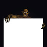 3D monster holding a blank sign