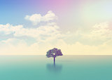 3D ocean scene with tree with retro effect