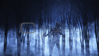 3D demonic figure in a foggy forest