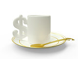 mug with handle dollar, euro and spoon