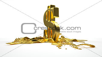 dollar symbol melts into liquid gold. path included
