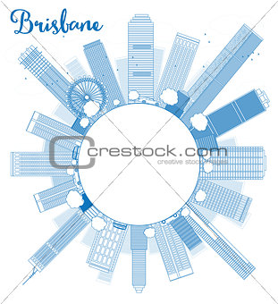 Outline Brisbane skyline with blue building and copy space