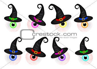 Set  of  Halloween spooky, scary, realistic human eyeball with colorful pupil, iris in witch hat. Vector Illustration isolated on white background.