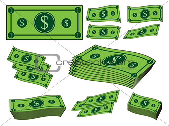Cartoon money set, dollar banknote, paper bill. Vector illustration isolated on white background