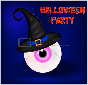Image of Happy Halloween spooky background flat design with sign Halloween party. Vector illustration of invitation card with scary bloody eyeball in witch hat.