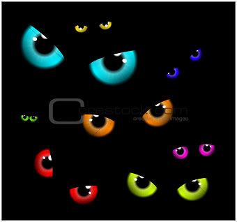 Image of Happy Halloween  spooky background Flat design. Vector illustration of invitation card with scary eyes, eyeballs, iris.