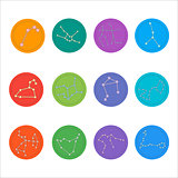 Zodiac constellations. Flat thin set of simple round zodiac constellations icons on color background - for web and print. Horoscope Signs.