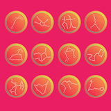 Zodiac constellations. Flat thin set of simple round zodiac constellations icons on color background - for web and print. Horoscope Signs.