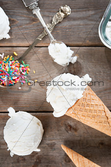 Top view milk ice cream cone