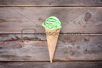 Above view green tea ice cream cone