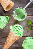 Top view mint ice cream cone