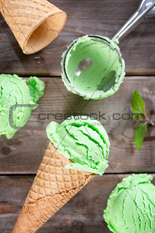 Top view mint ice cream cone