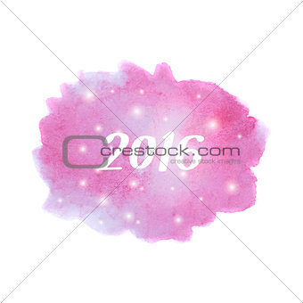 Happy New Year 2016 greeting card. Bright blue and pink gradient spot. Abstract stylish watercolor background. 