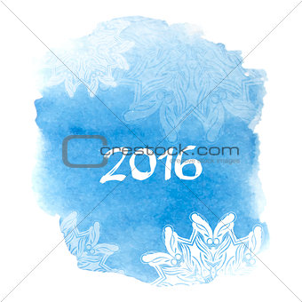 Happy New Year 2016 greeting card. Bright blue spot with snowflake. Abstract stylish watercolor background. 