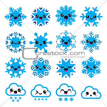 Kawaii snowflakes, clouds with snow - Christmas, winter icons set