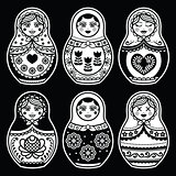 Matryoshka, Russian doll white icons set on black