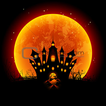 Halloween Illustration Blood Moon and Haunted Castle