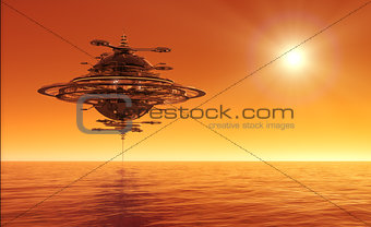 Futuristic Sky Station Flying Over Ocean