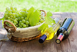 Wine bottles and grapes on garden table
