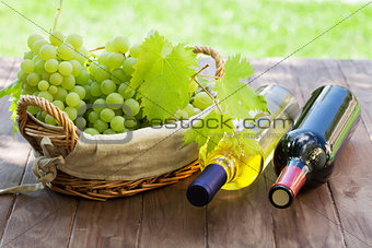 Wine bottles and grapes on garden table