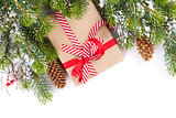 Christmas tree branch with snow and gift box