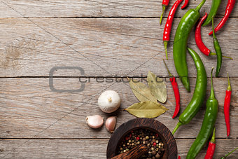 Chili pepper, peppercorn, garlic and bay leaves