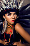 young pretty woman with make up like red indian, halloween teem