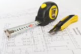Tape measure with cutter, close up view