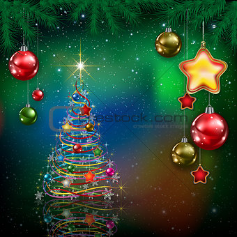 Celebration greeting with Christmas tree and snowflakes