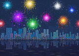 Seamless Night City Landscape with Fireworks