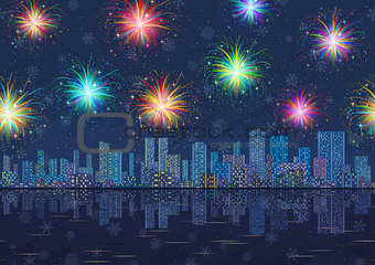 Seamless Night City Landscape with Fireworks