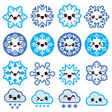 Kawaii snowflakes, clouds with snow - Christmas, winter icons set