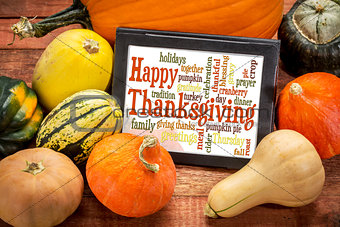 Happy Thanksgiving word cloud on tablet
