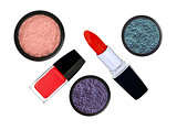 collection of various make up accessories on white background