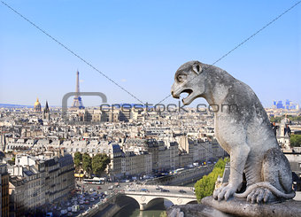 Gargoyle overlooking Paris up on Notre Dame de Paris, France