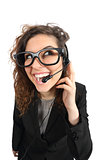 Happy geek telephone operator woman attending a call