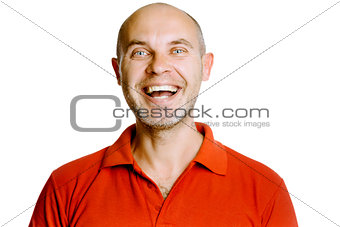 Unshaven laughing middle-aged man in a red T-shirt. Studio. isol