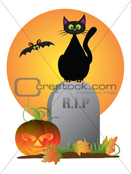 Halloween Black Cat Stting on Tombstone Illustration