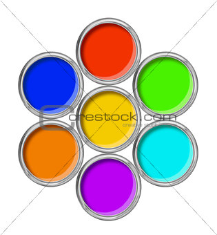 open tin cans with paint and palette isolated on white