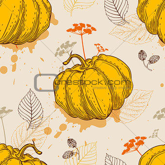 Pattern with orange pumpkin and leaves