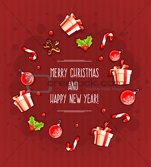 Christmas greeting card with gifts and sweets by cloud