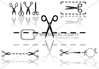 scissors and dotted line set with reflection