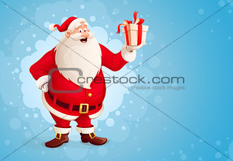 Merry Santa Claus holds Christmas gift in box