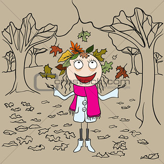 Girl in park throws autumn leaves. Autumn landscape