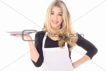 beautiful woman in apron holding your product isolated on white