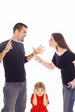 parents fighting and child stuck in between isolated on white