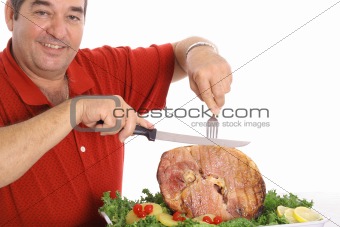 grandfather slicing a ham isolated on white