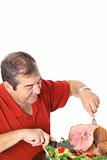 man slicing a ham vertical isolated on white
