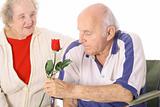 shot of a wife giving handicap husband a rose 